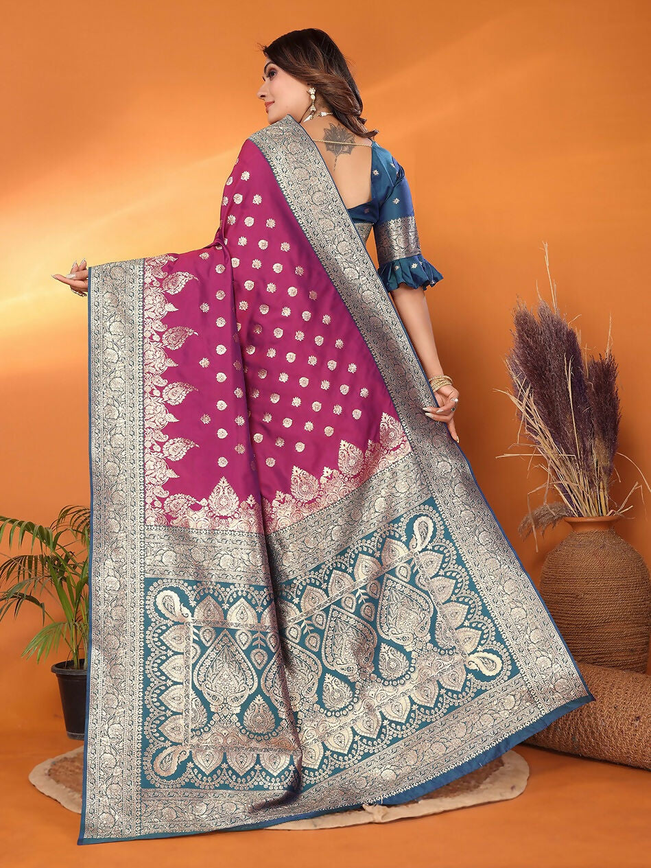 Banarasi Magenta Woven Soft Silk Saree with Matching Blouse