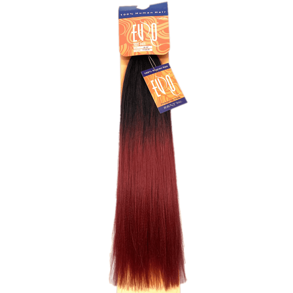 Euro Yaki Bulk 100% human hair extensions with a black to red ombre gradient.