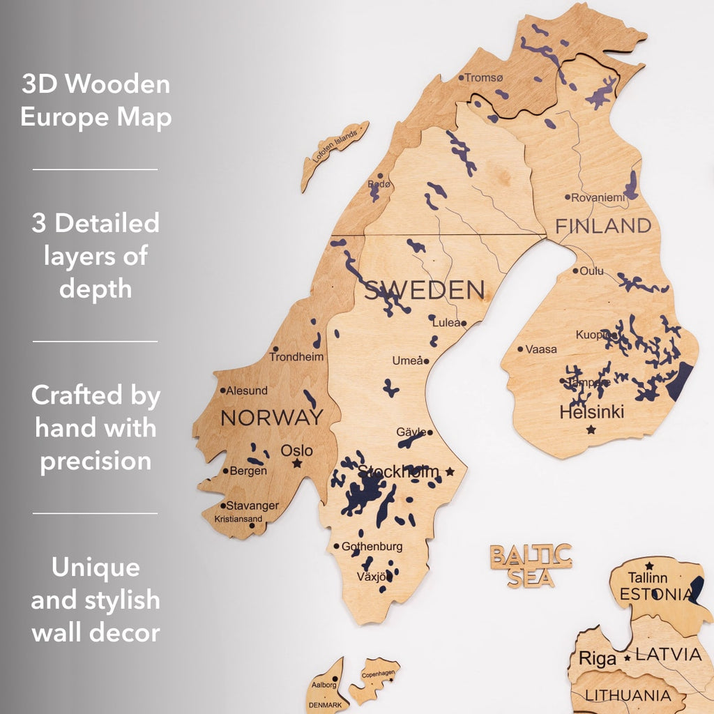 3D Europe Wooden Map Wall Art in Gold Finish