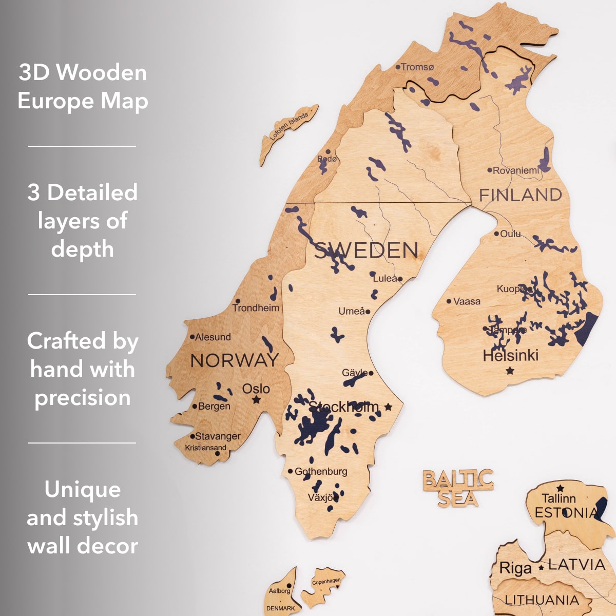 3D Europe Wooden Map Wall Art in Gold Finish