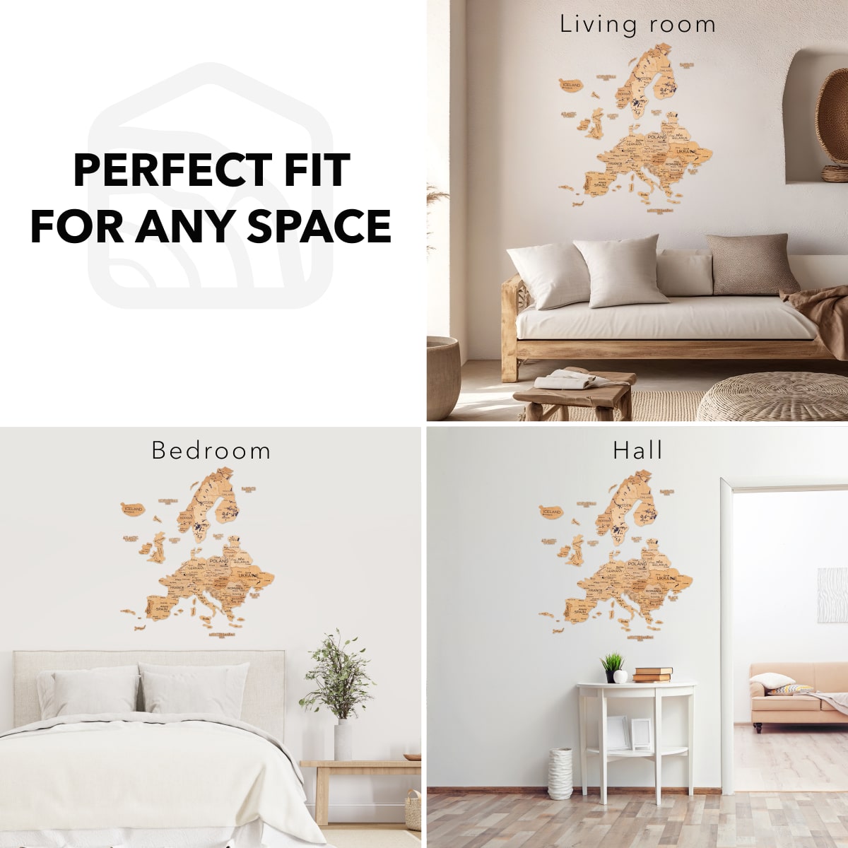 3D Europe Wooden Map Wall Art in Gold Finish