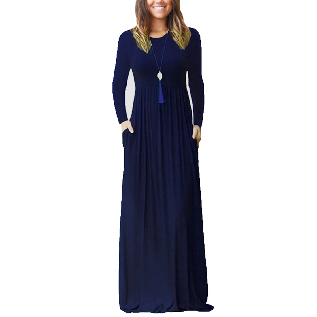 Women's Long Sleeve Maxi Dress with Elastic Waist and Pockets - Image 48