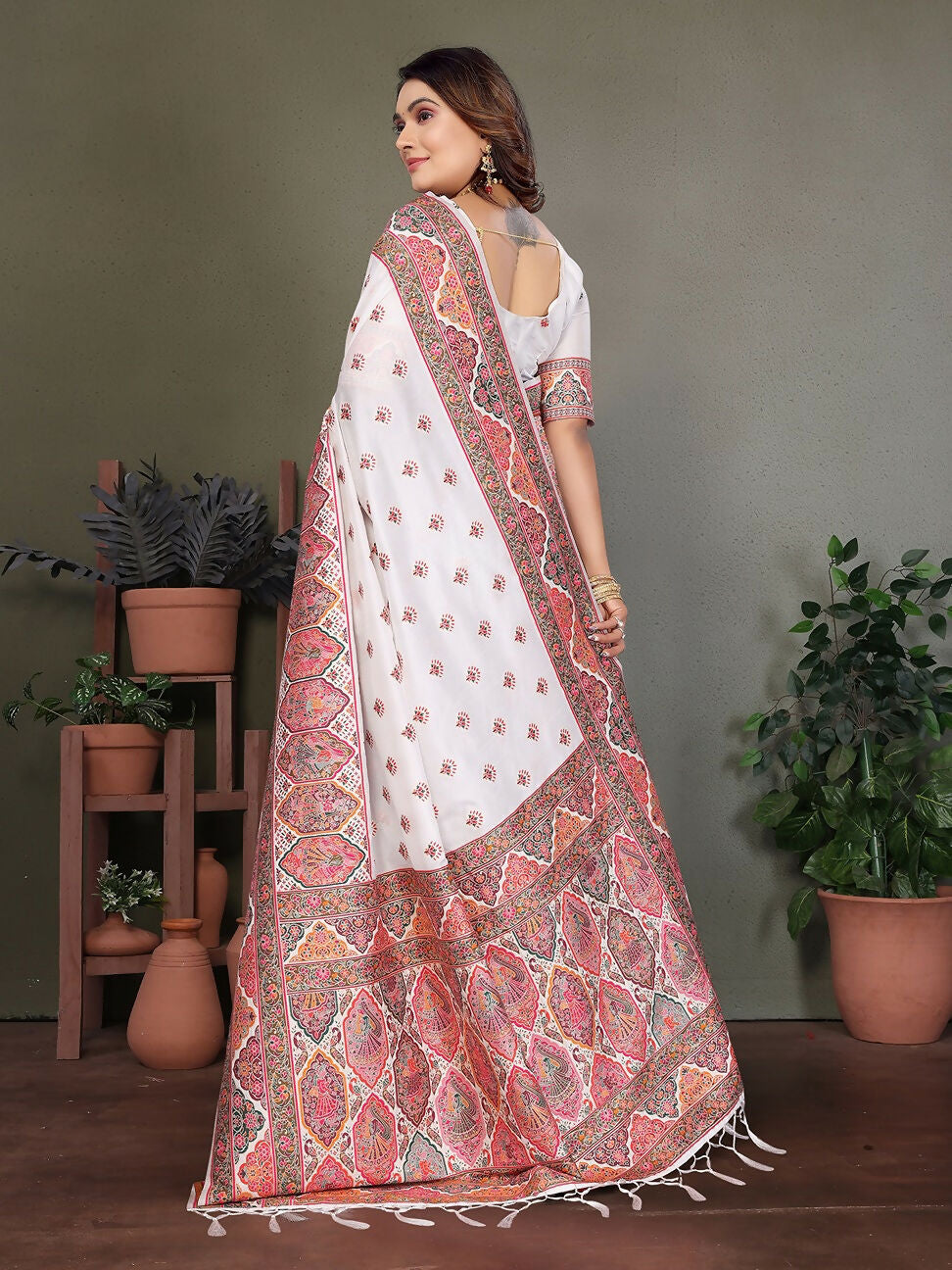 White Thread Woven Pashmina Saree in Soft Silk with Blouse