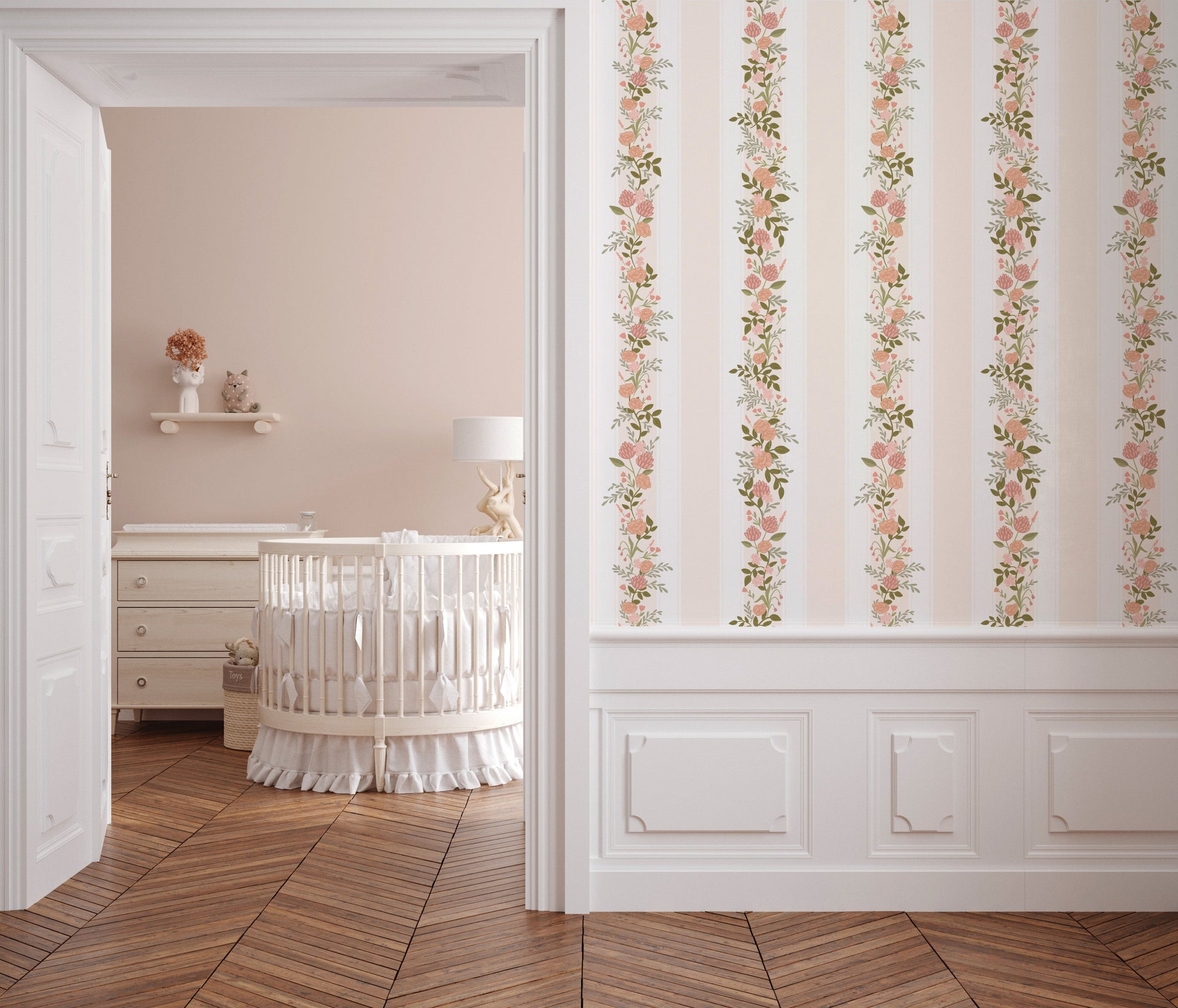 Evie Floral Removable Wallpaper in Sage-Green, Blush-Pink & Cream