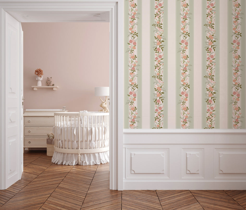Evie Floral Removable Wallpaper in Sage-Green, Blush-Pink & Cream