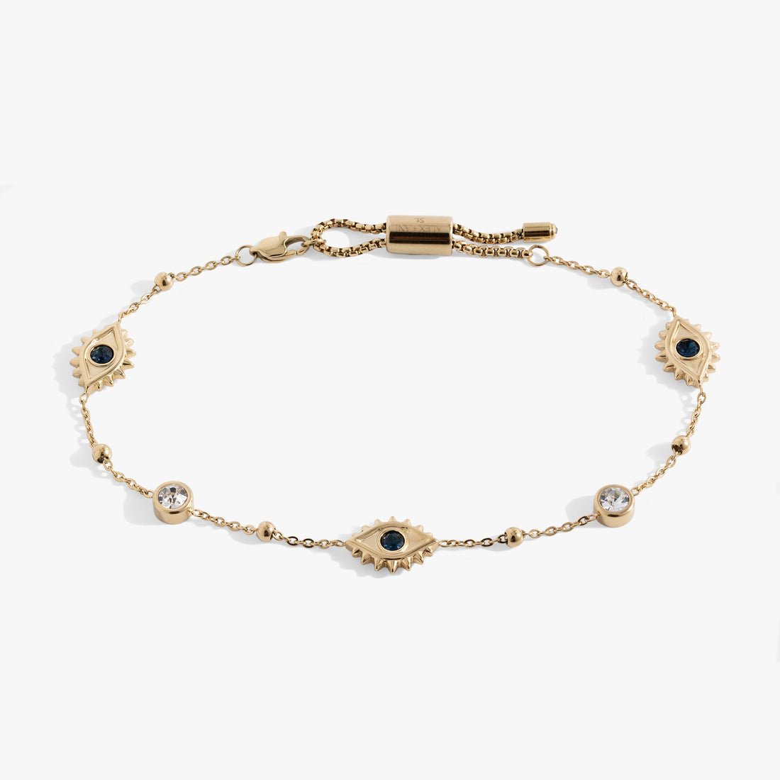 Stainless steel Evil Eye anklet featuring blue crystal charms and adjustable slider chain.