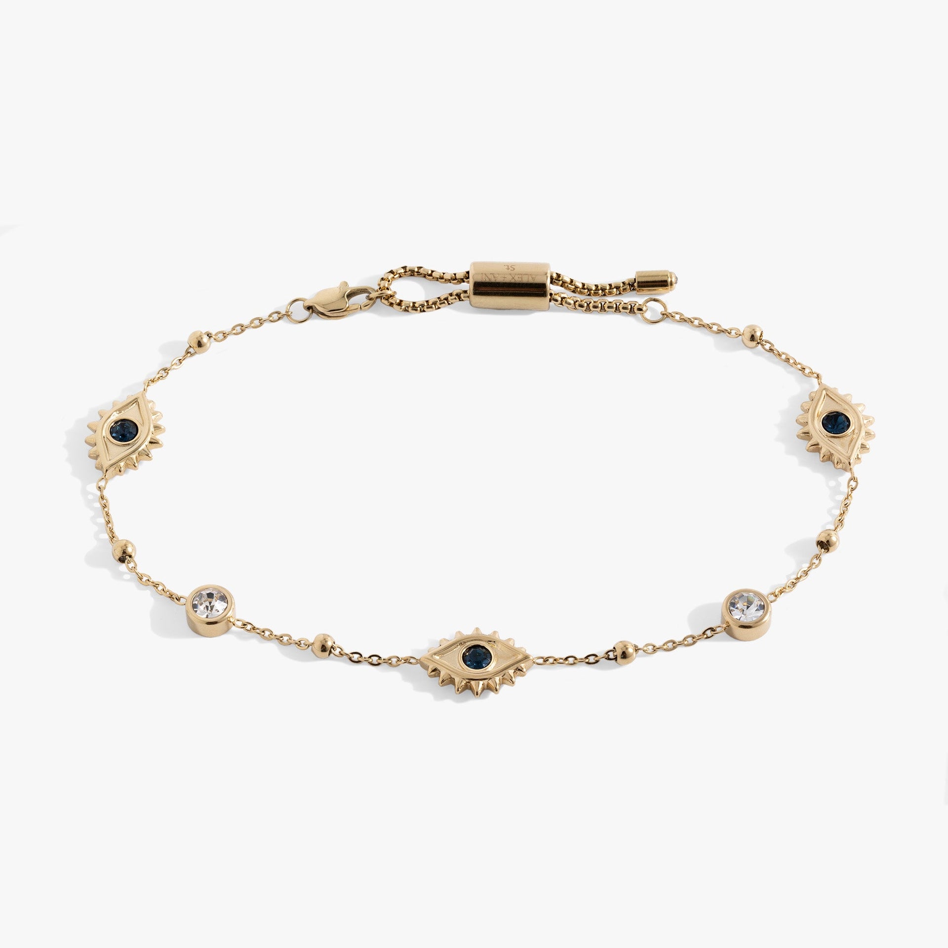 Stainless steel Evil Eye anklet featuring blue crystal charms and adjustable slider chain.