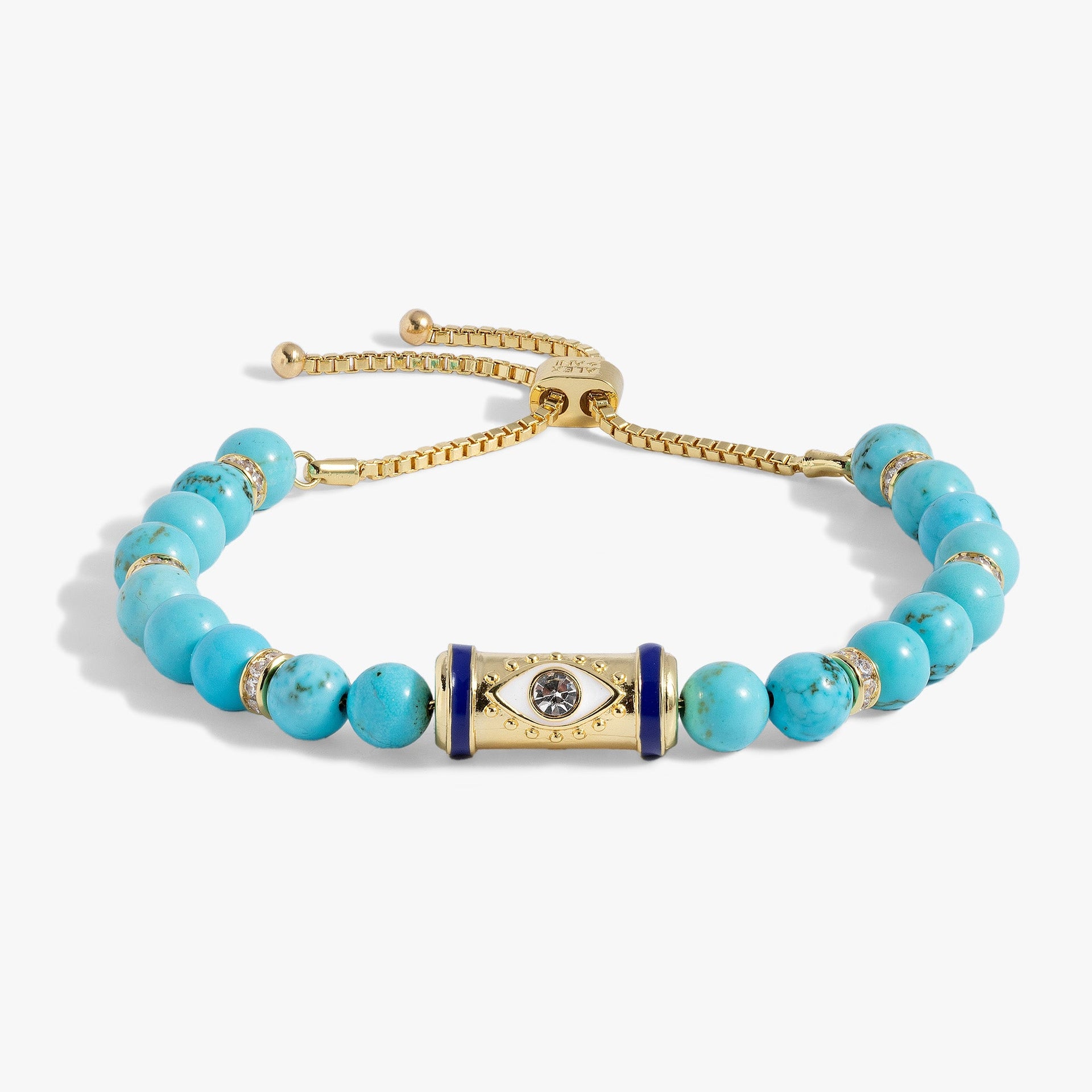 Evil Eye bolo bracelet with turquoise beads, gold accents, and a crystal evil eye center.