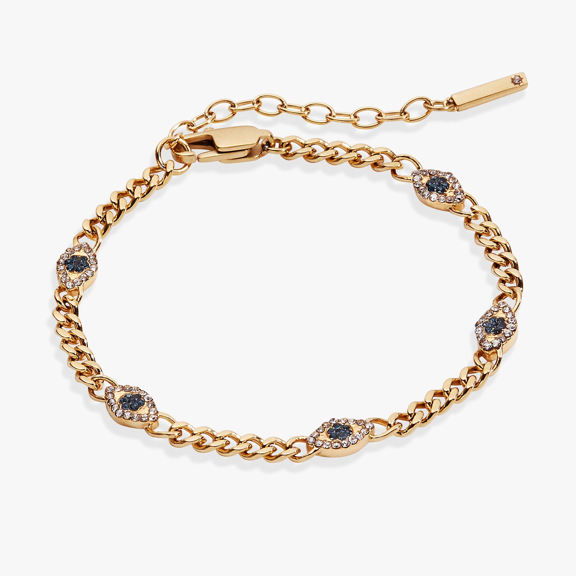 Gold-tone curb chain bracelet with inline evil eye motif featuring blue and clear crystals.