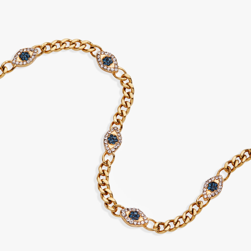 Evil Eye Curb Chain Inline Bracelet in Gold and Blue
