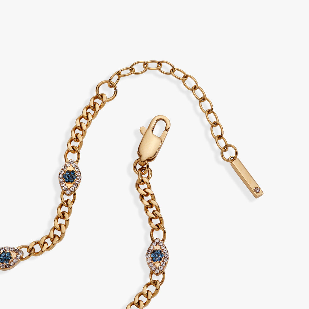 Evil Eye Curb Chain Inline Bracelet in Gold and Blue
