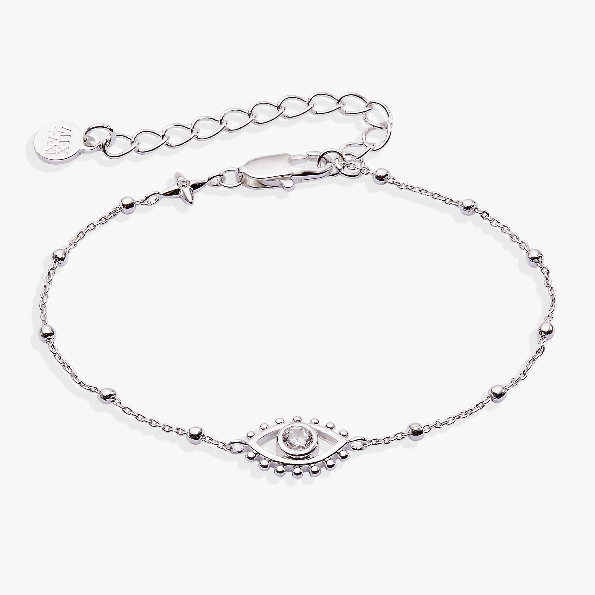 Silver-plated evil eye charm on a beaded chain bracelet