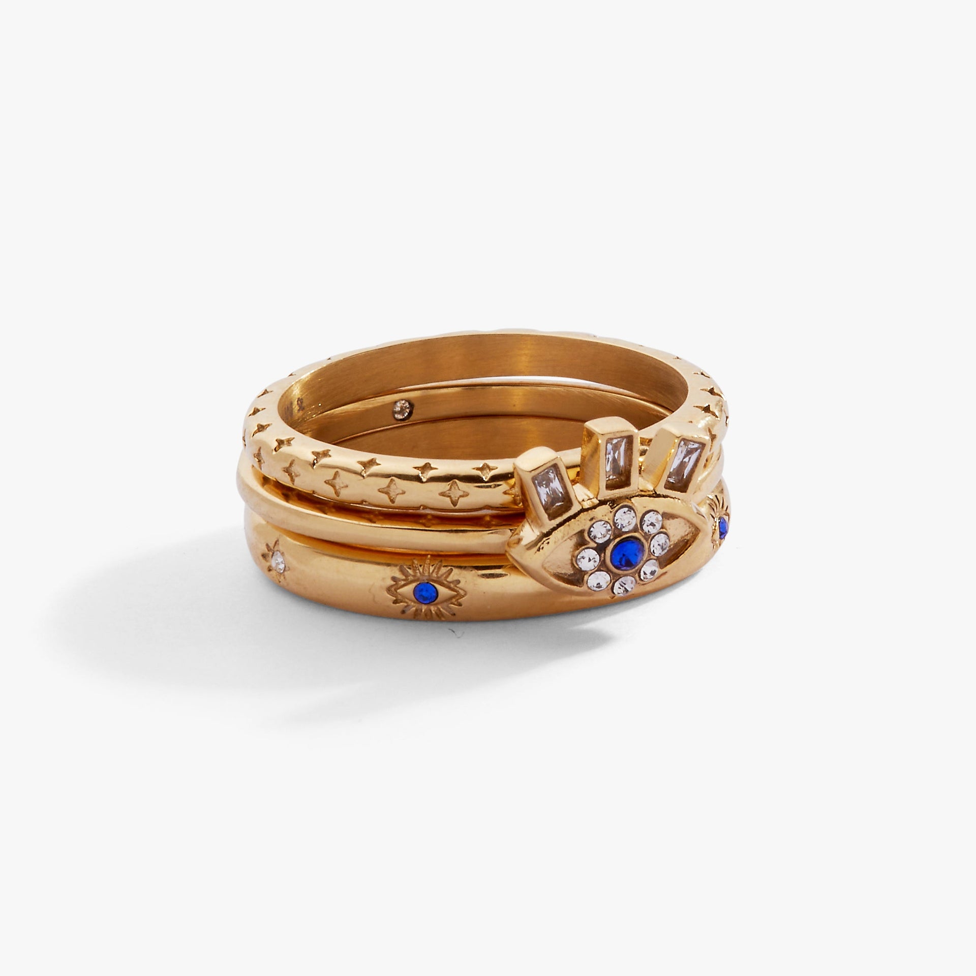 Evil Eye Stacking Ring Set of 3 in Gold with Blue and Clear Stones