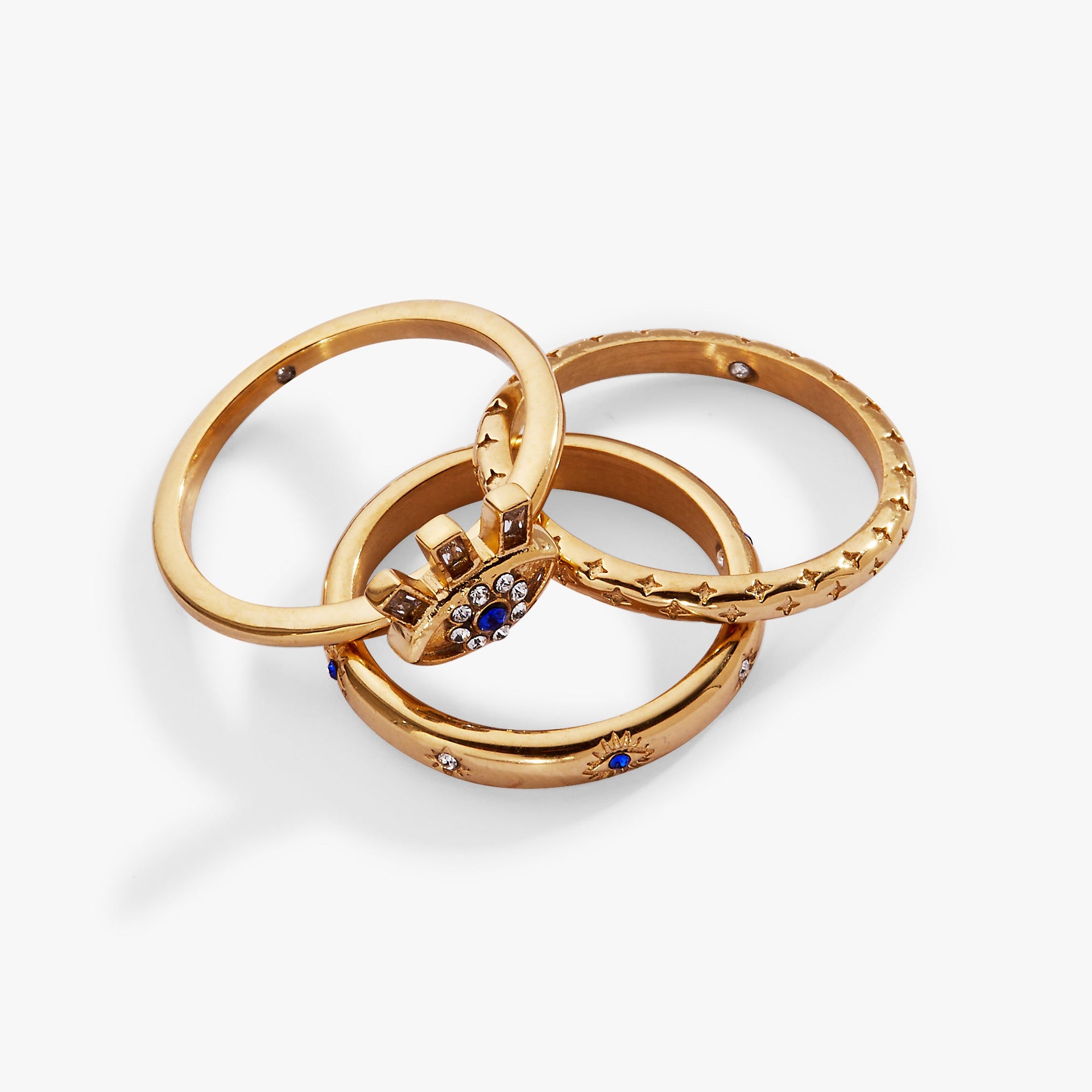Evil Eye Stacking Ring Set of 3 in Gold with Blue and Clear Stones