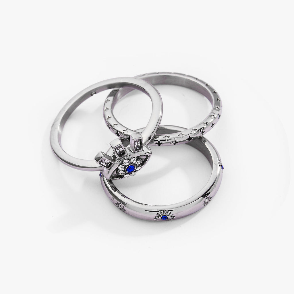 Evil Eye Stacking Ring Set of 3 in Gold with Blue and Clear Stones
