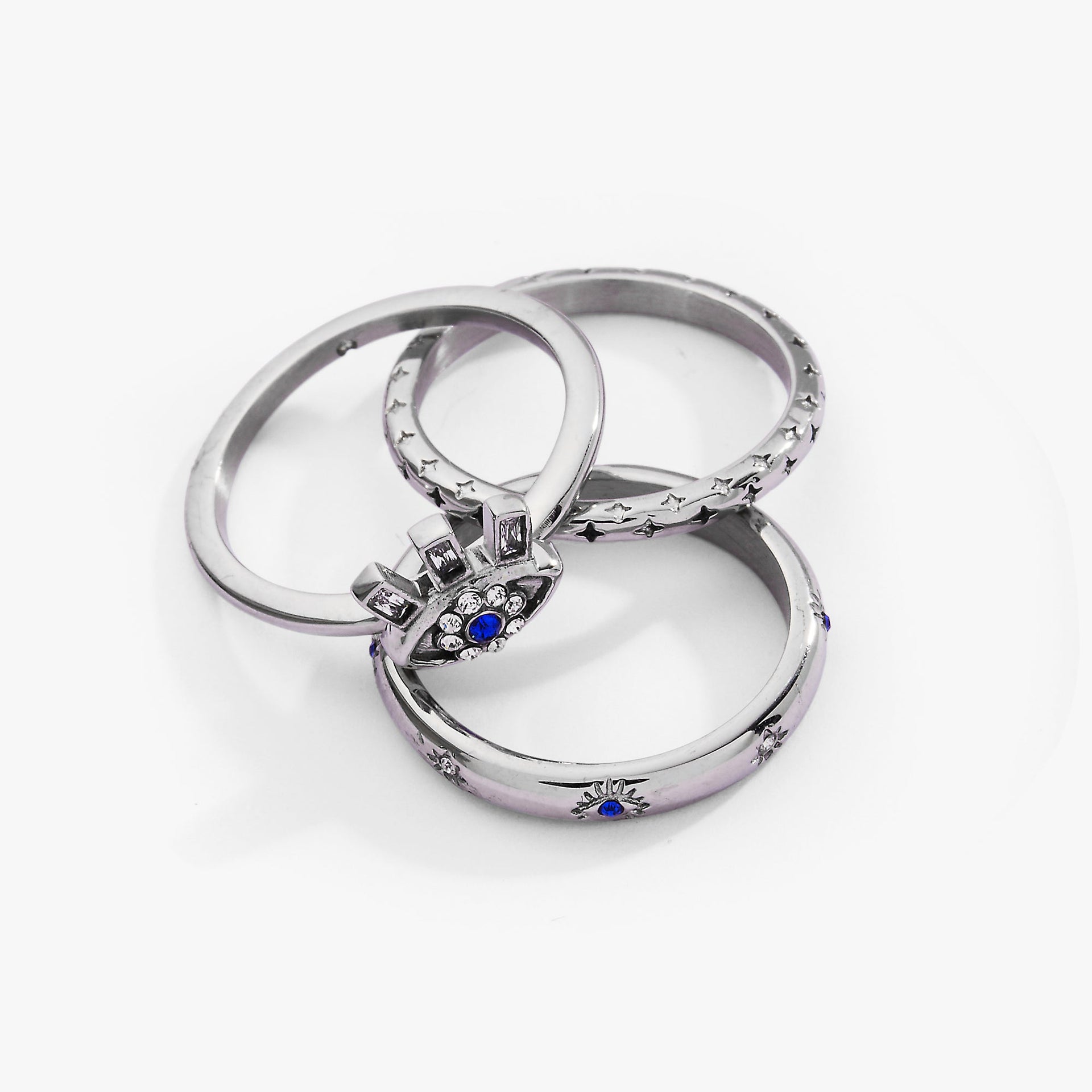 Evil Eye Stacking Ring Set of 3 in Gold with Blue and Clear Stones
