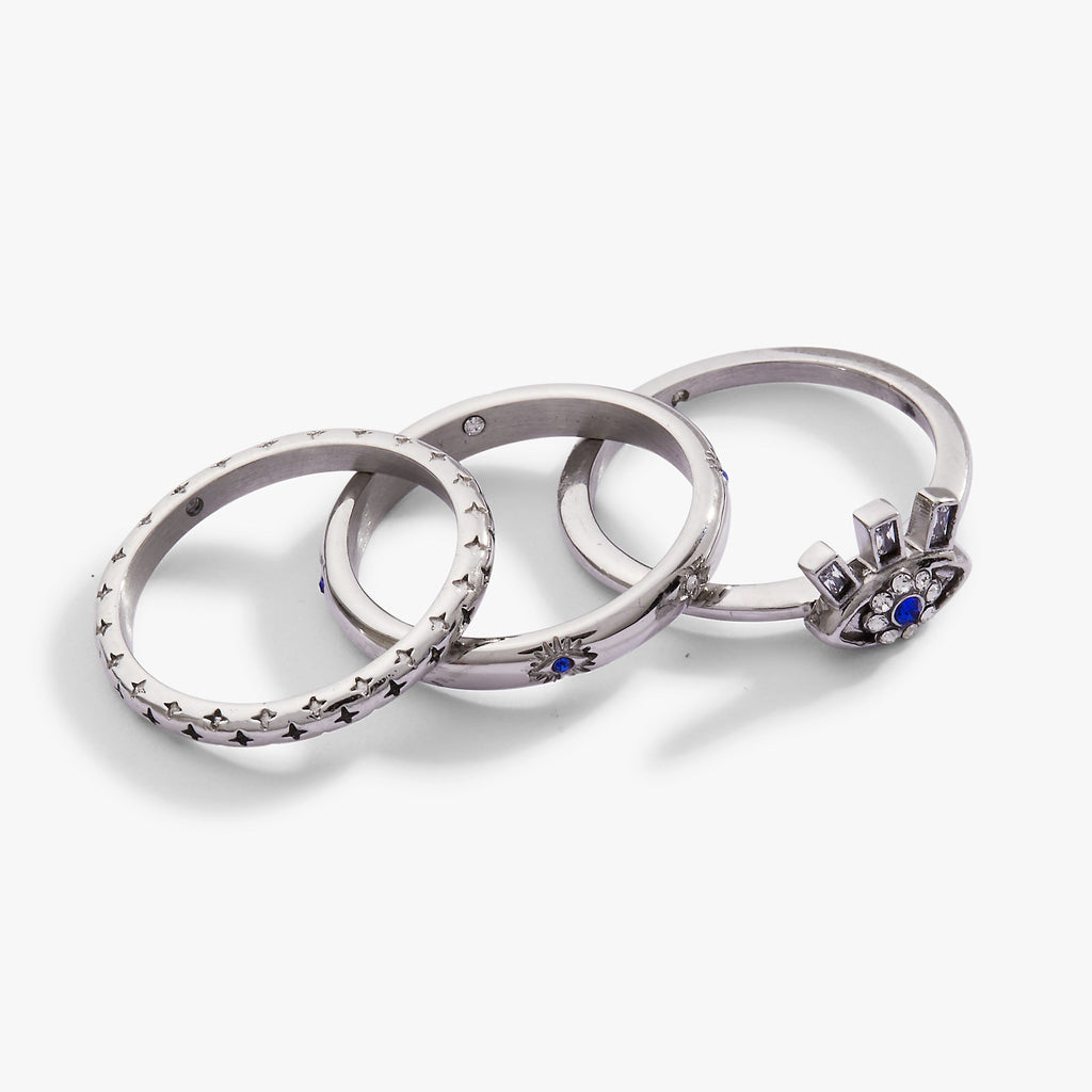 Evil Eye Stacking Ring Set of 3 in Gold with Blue and Clear Stones