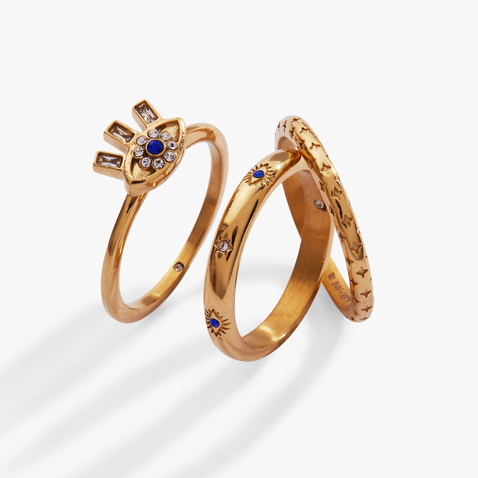 Evil Eye Stacking Ring Set of 3 in Gold with Blue and Clear Stones
