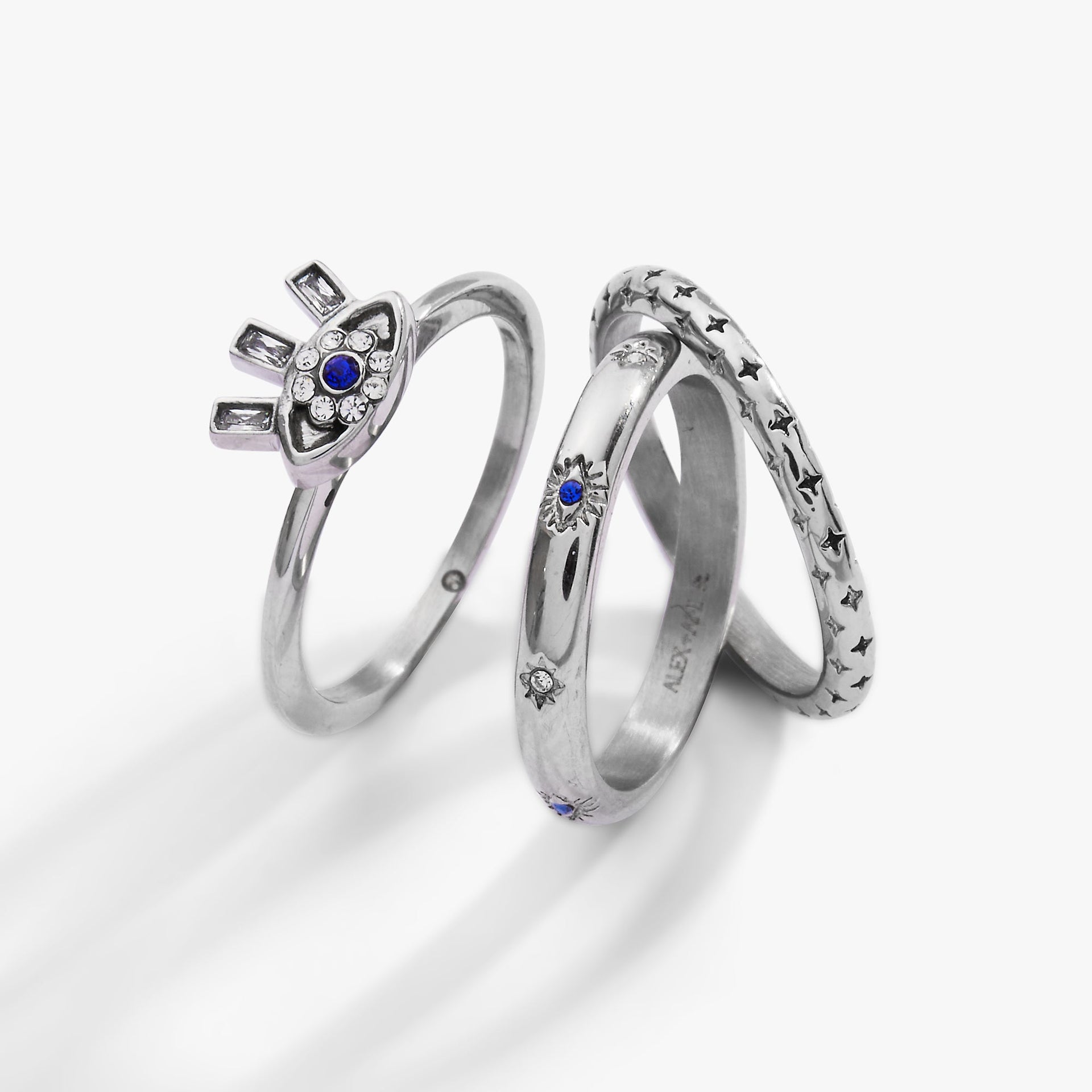 Evil Eye Stacking Ring Set of 3 in Gold with Blue and Clear Stones