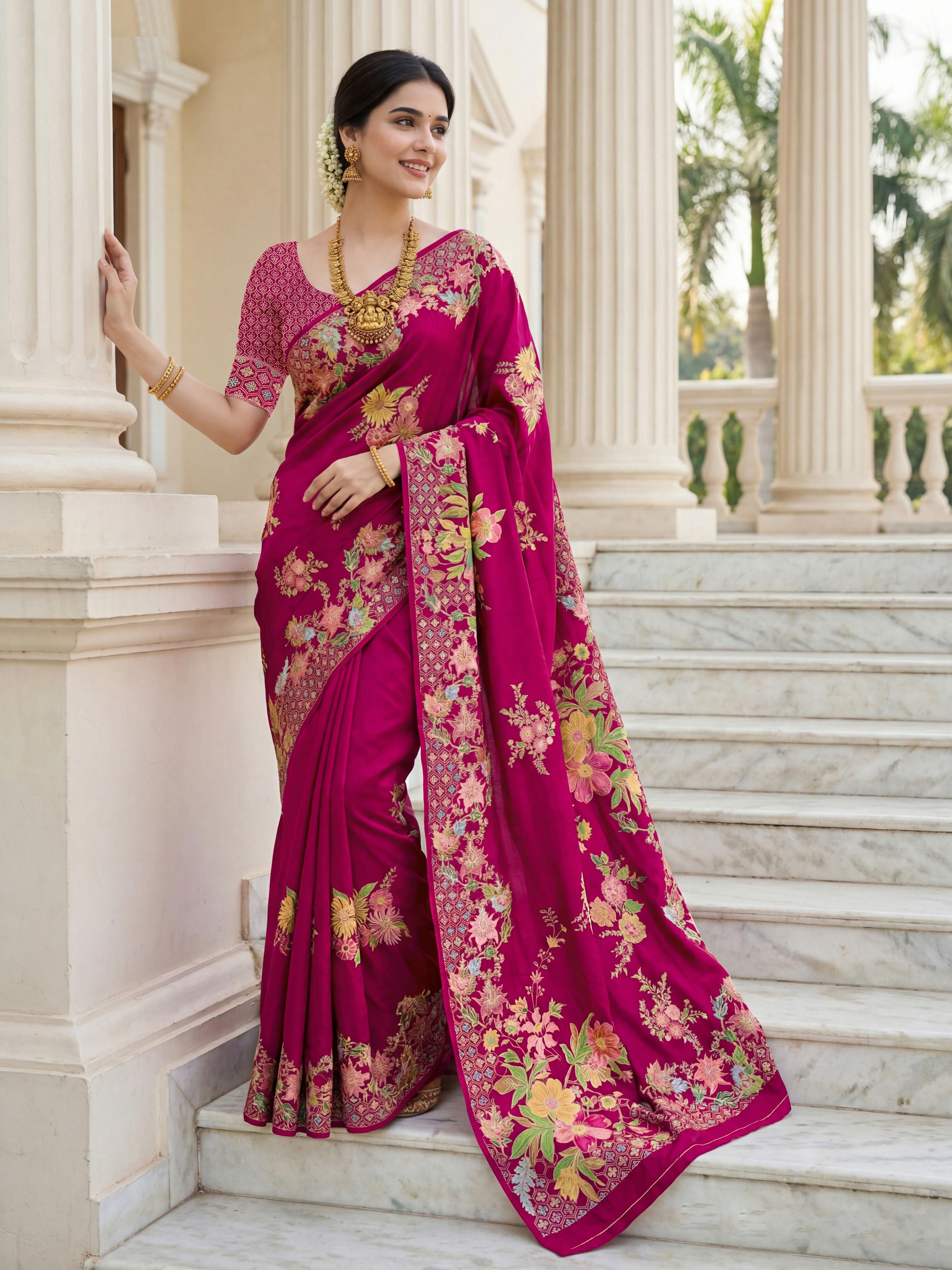 A Rani Pink premium Russian silk saree featuring a designer floral position print and matching blouse.