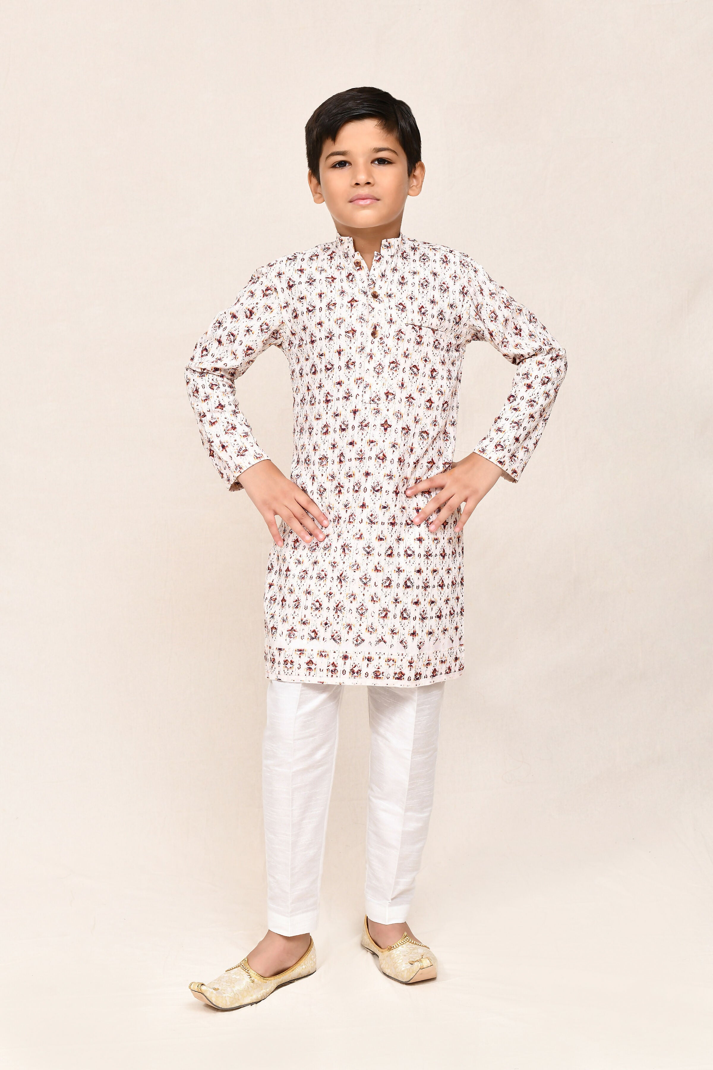 Cream cotton kurta with sequence work and straight-fit white pants