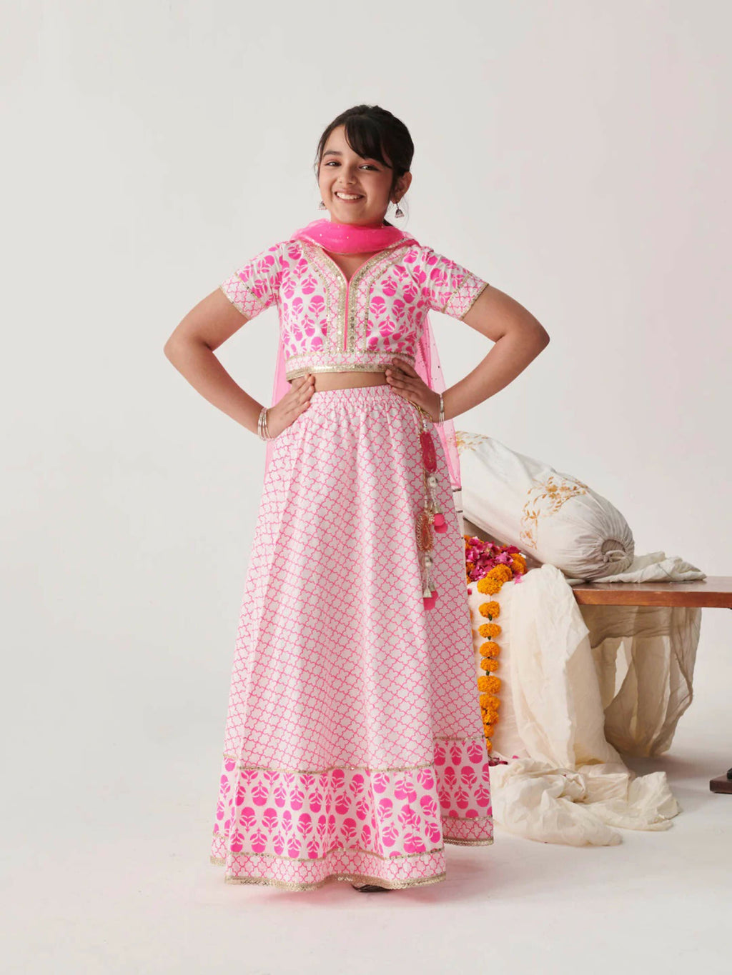 Classic pink cotton lehenga choli set with net dupatta