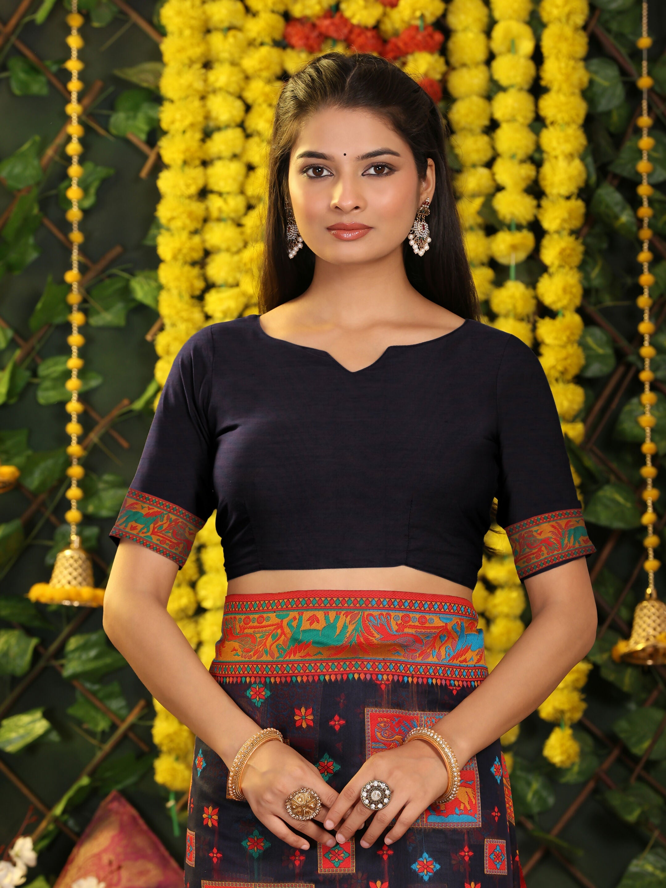 Navy Blue Linen Cotton Saree with Matching Blouse Piece