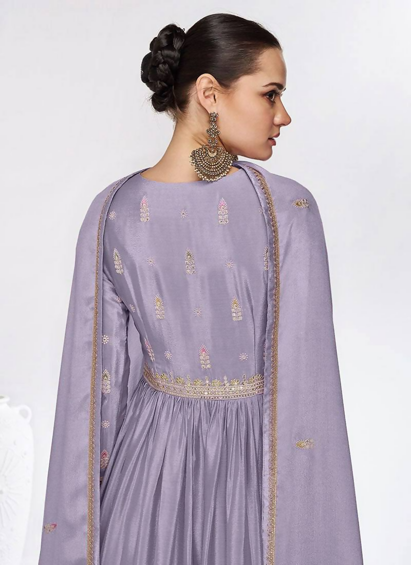 Lavender Chinon Embroidery Sequins Work Stitched Gown