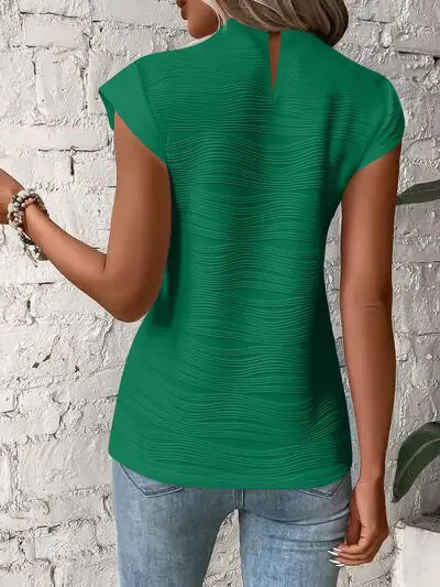 White Textured Wave Pattern Cap Sleeve Top - Image 50