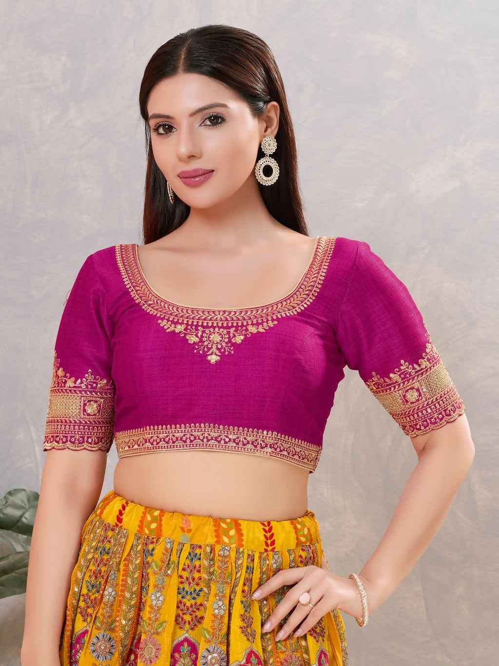Women's Purple Silk Round Neck Stitched Blouse in luxury silk fabric