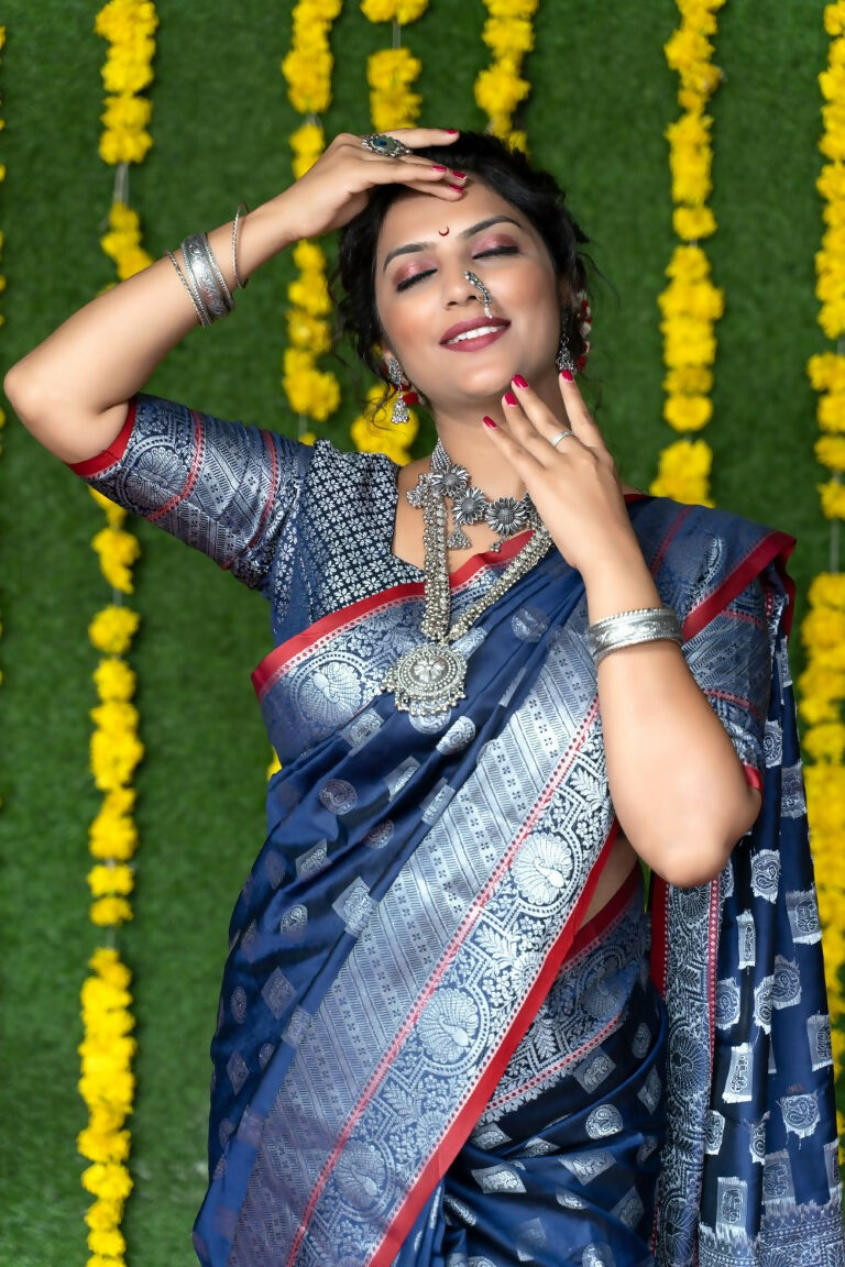 Navy Blue Soft Handloom Silk Zari Woven Saree with Blouse