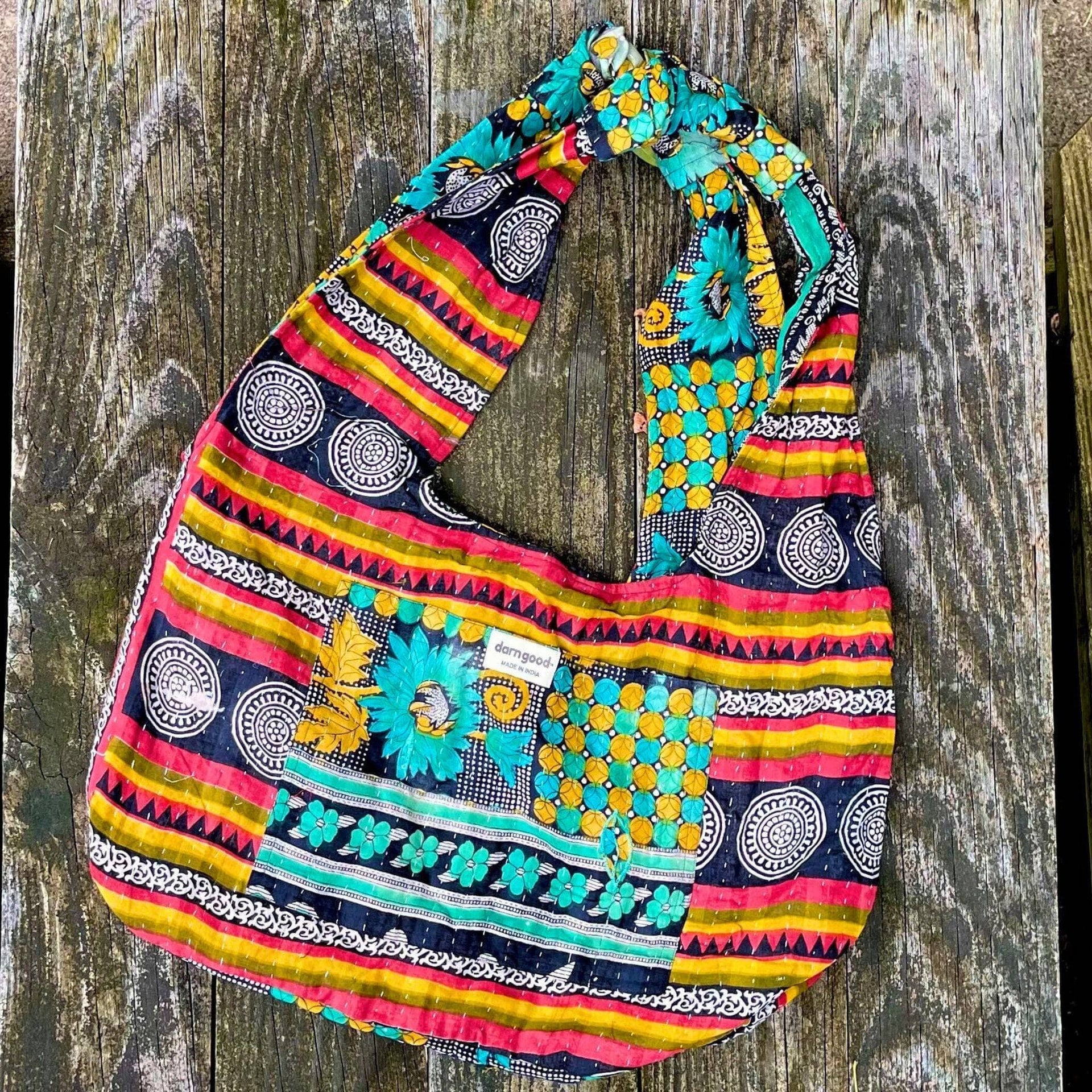 Oversized Kantha fabric tote bag with exterior storage pocket