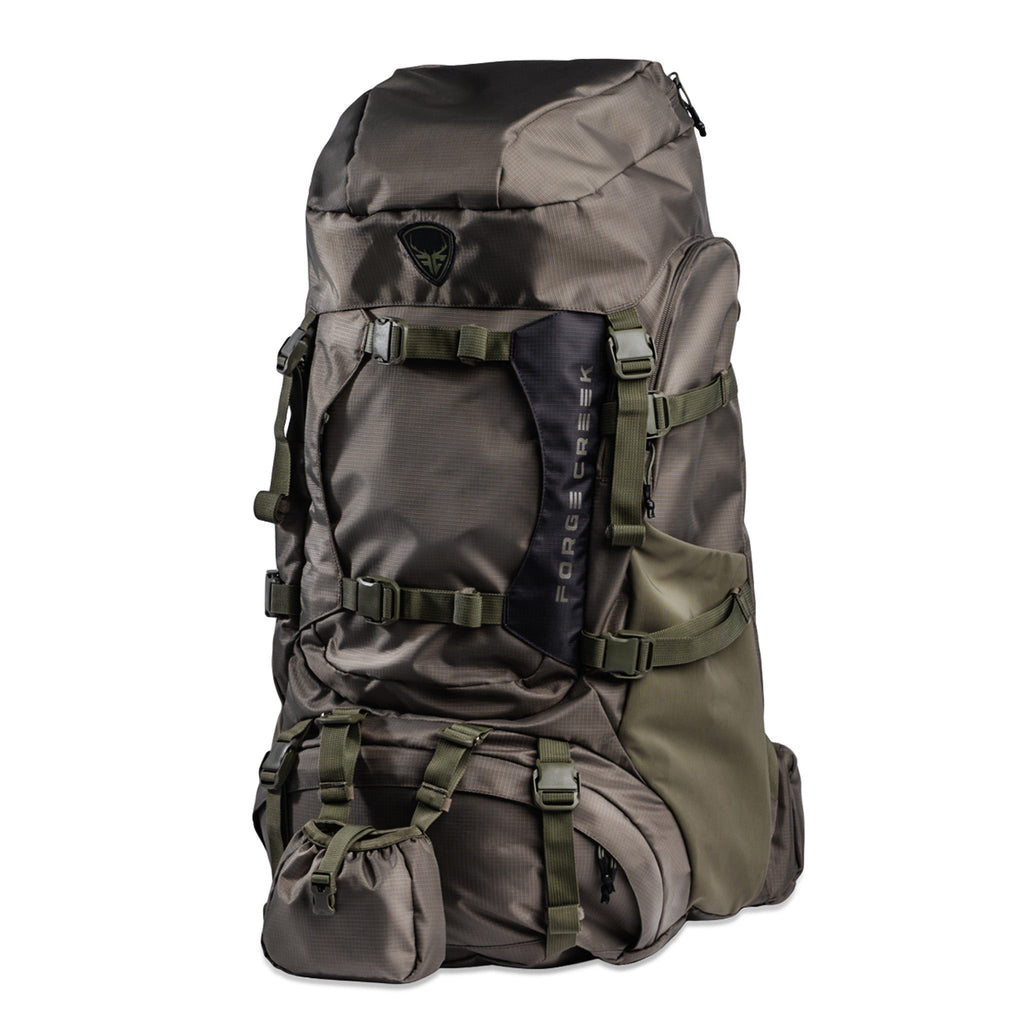 A rugged olive drab hunting backpack with multiple compression straps and heavy-duty storage compartments.
