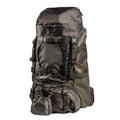 A rugged olive drab hunting backpack with multiple compression straps and heavy-duty storage compartments.