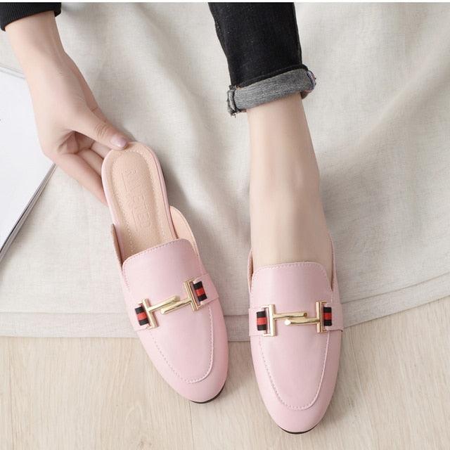 Women's Leather Pointed Toe Mules - Classic Preppy Slip-On Flats