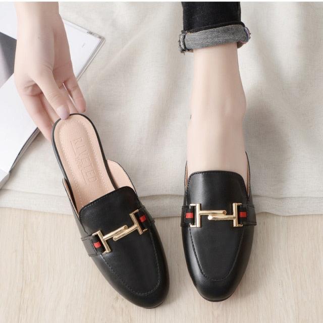 Women's Leather Pointed Toe Mules - Classic Preppy Slip-On Flats