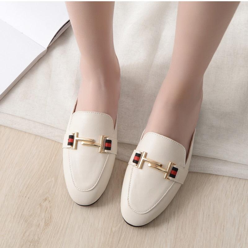 Women's Leather Pointed Toe Mules - Classic Preppy Slip-On Flats