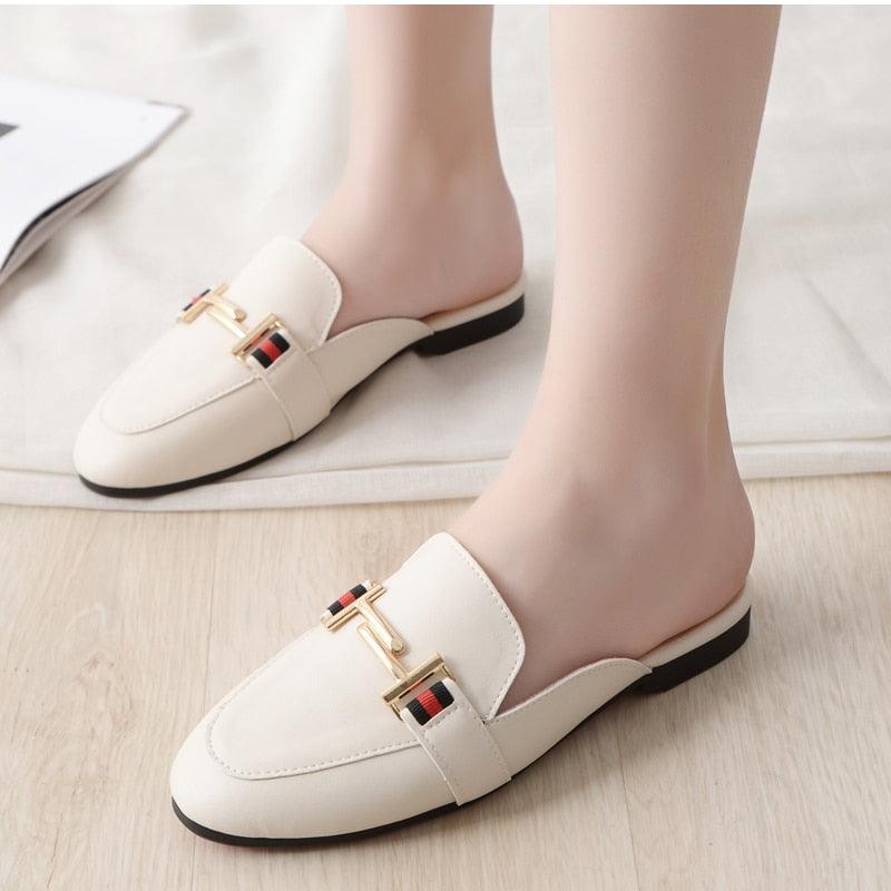Women's Leather Pointed Toe Mules - Classic Preppy Slip-On Flats