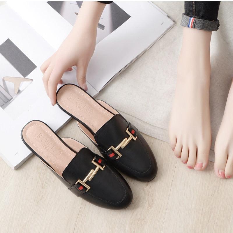 Women's Leather Pointed Toe Mules - Classic Preppy Slip-On Flats