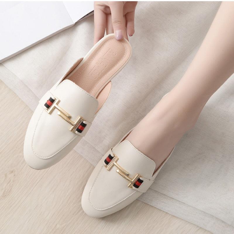 Women's Leather Pointed Toe Mules - Classic Preppy Slip-On Flats