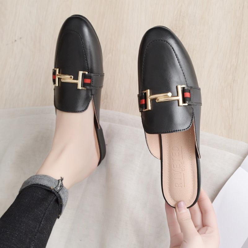 Women's Leather Pointed Toe Mules - Classic Preppy Slip-On Flats