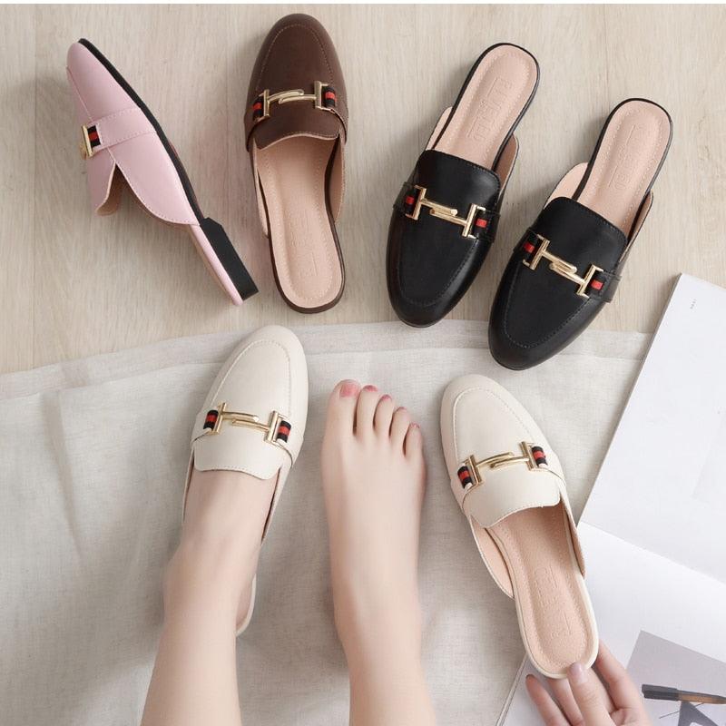 Women's Leather Pointed Toe Mules - Classic Preppy Slip-On Flats