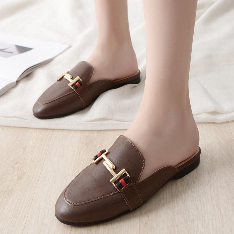 Women's Leather Pointed Toe Mules - Classic Preppy Slip-On Flats