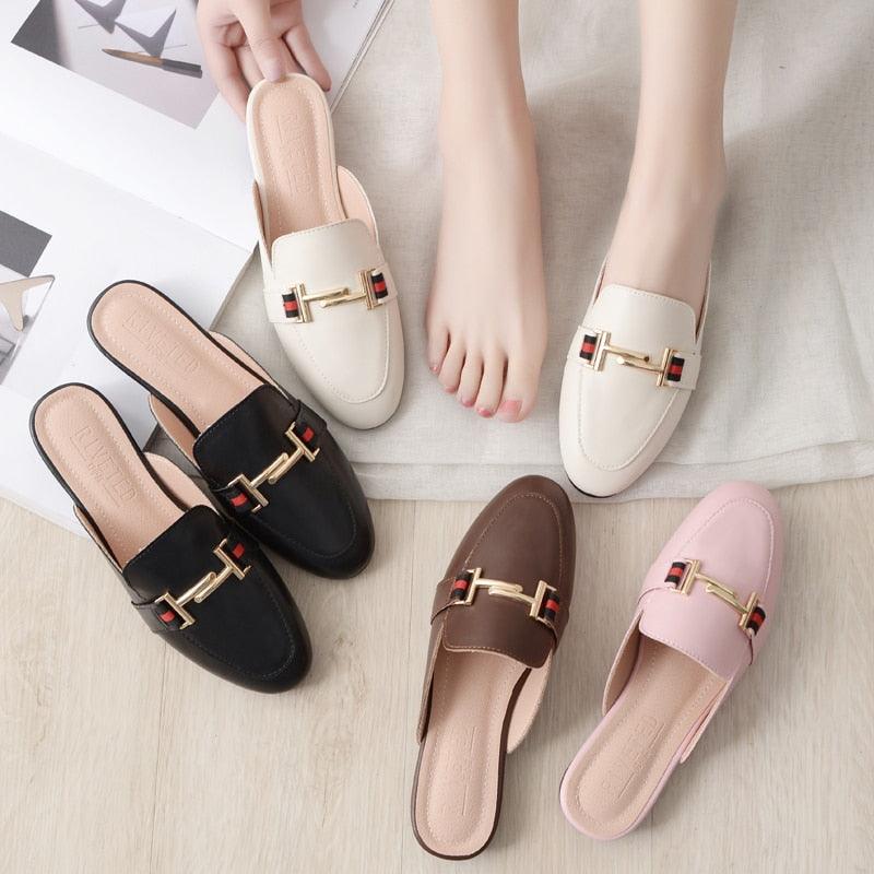 Women's Leather Pointed Toe Mules - Classic Preppy Slip-On Flats