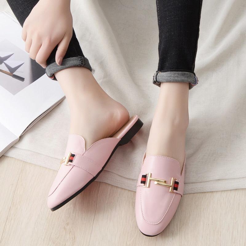 Women's Leather Pointed Toe Mules - Classic Preppy Slip-On Flats