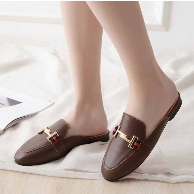 Women's Leather Pointed Toe Mules - Classic Preppy Slip-On Flats