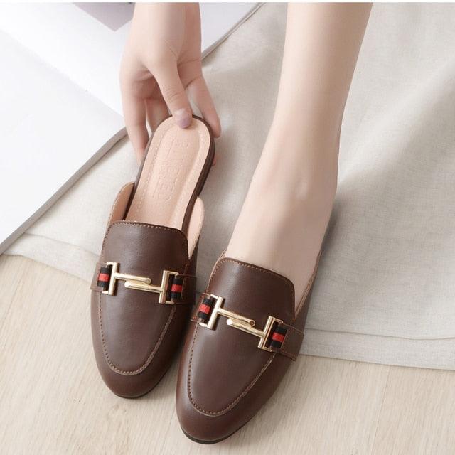 Women's Leather Pointed Toe Mules - Classic Preppy Slip-On Flats