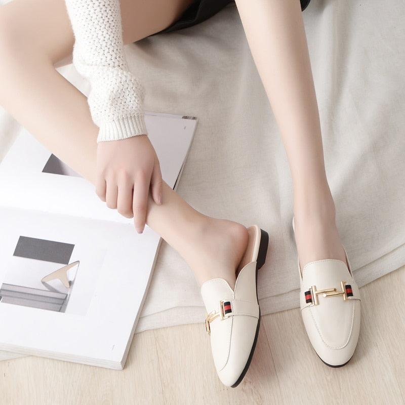 Women's Leather Pointed Toe Mules - Classic Preppy Slip-On Flats