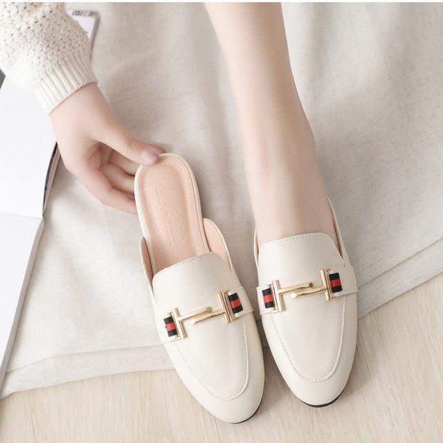 Women's Leather Pointed Toe Mules - Classic Preppy Slip-On Flats