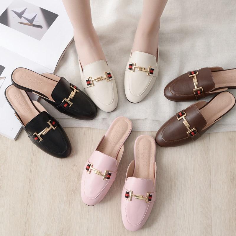 Women's Leather Pointed Toe Mules - Classic Preppy Slip-On Flats